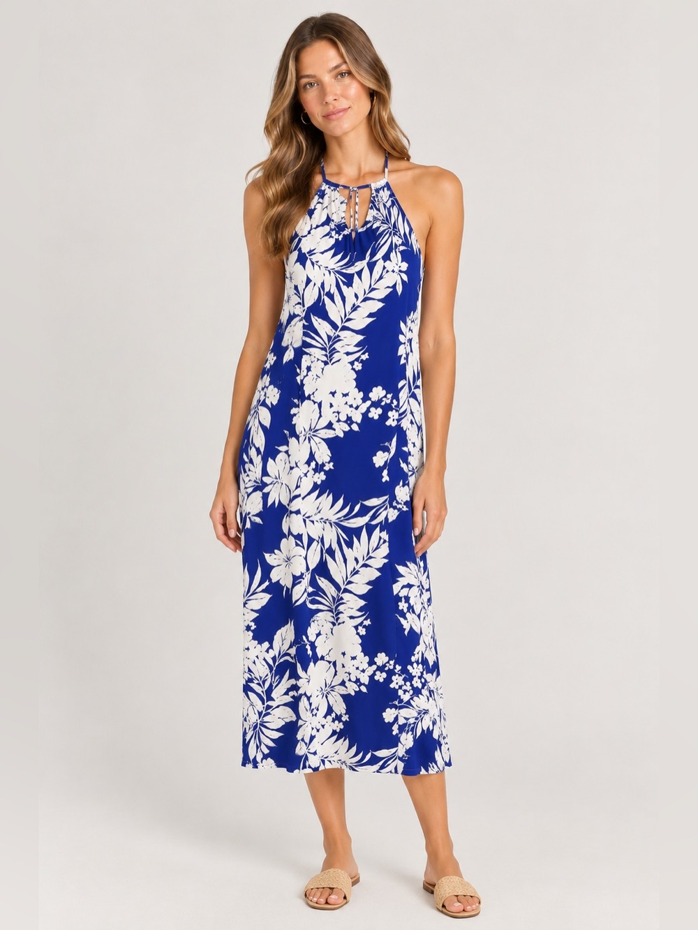 Everly DRS7211 Floral Halter Maxi Dress in Blue & White Size Small